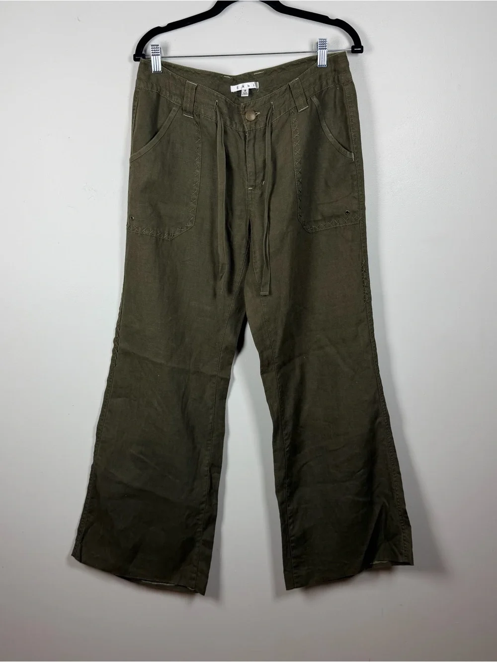 Cabi Olive Green 100% Linen Wide Leg Whipstitch 882 Trouser Pants Lagenlook Sz 8